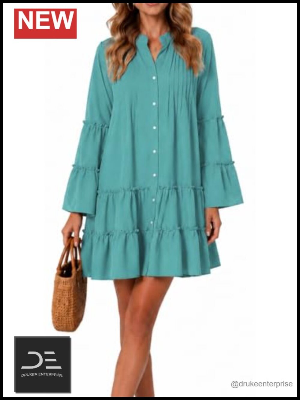 Women's Midi Dress Long Sleeve Button Front Tiered Ruffle Hem A-Line Flowy